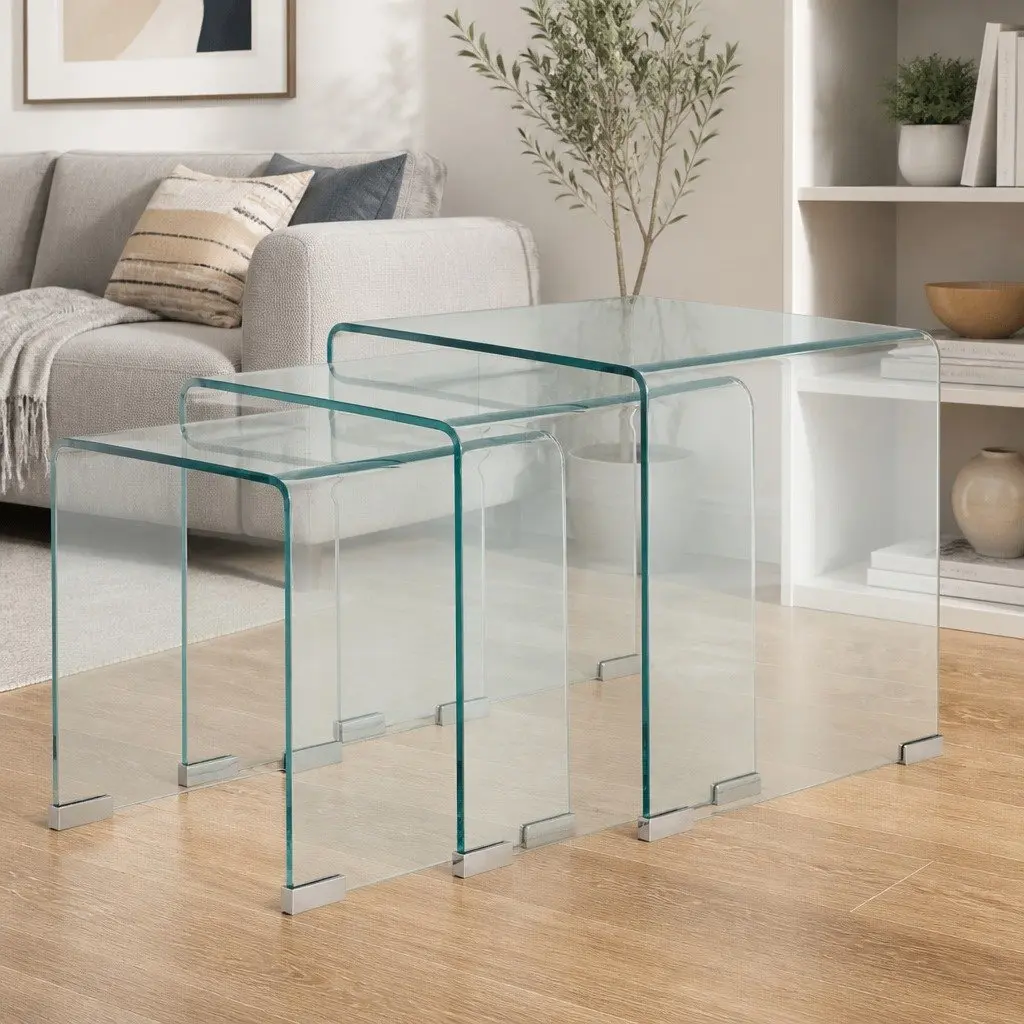 Nesting Coffee Table Set Transparent 3 Piece Tempered Glass Modern Living Room Accent
