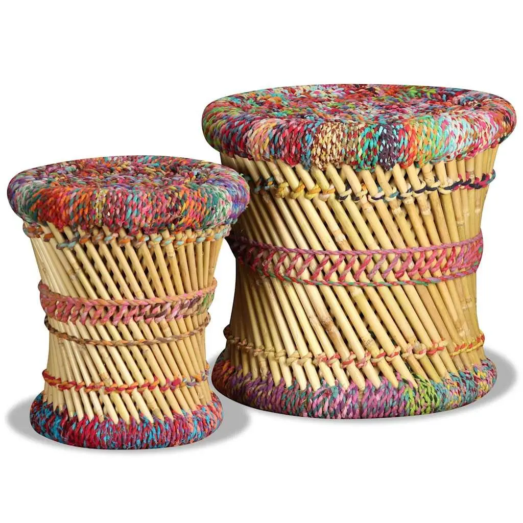 Bamboo Stools with Chindi Details Set of 2 Multicolour Footstools Side Tables
