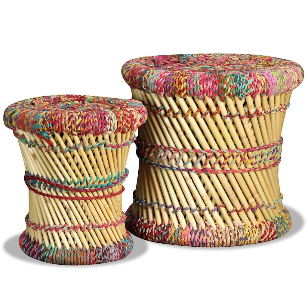 Bamboo Stools with Chindi Details Set of 2 Multicolour Footstools Side Tables