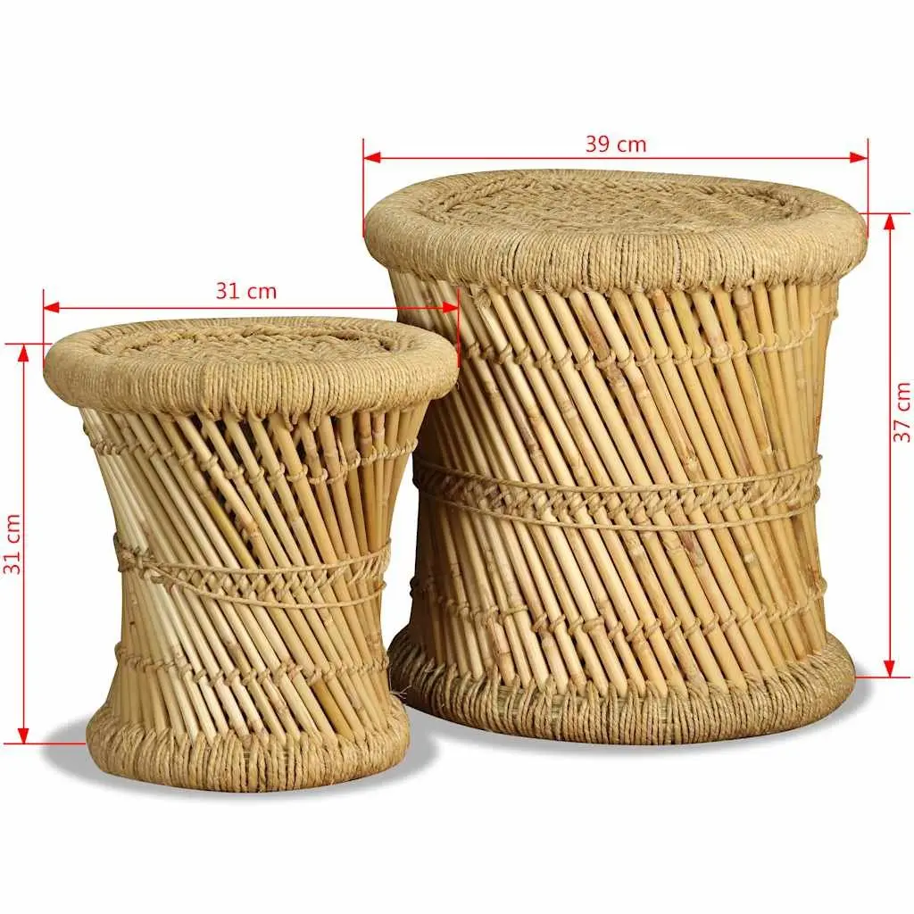 Bamboo and Jute Stools Set of 2 Brown Natural Woven Indoor Outdoor Garden Patio