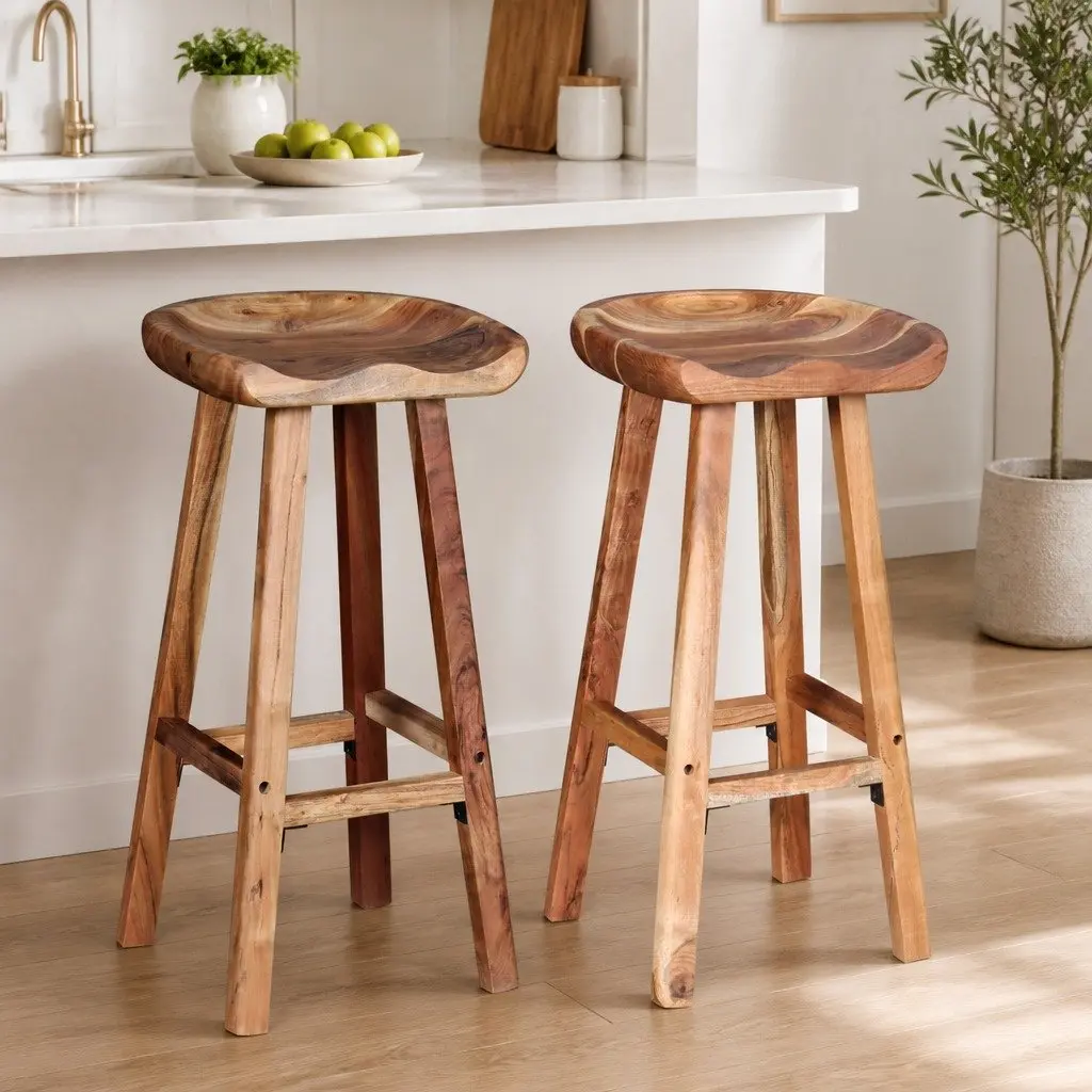 Bar Stools Brown Solid Acacia Wood Handmade Retro Style 2 Piece
