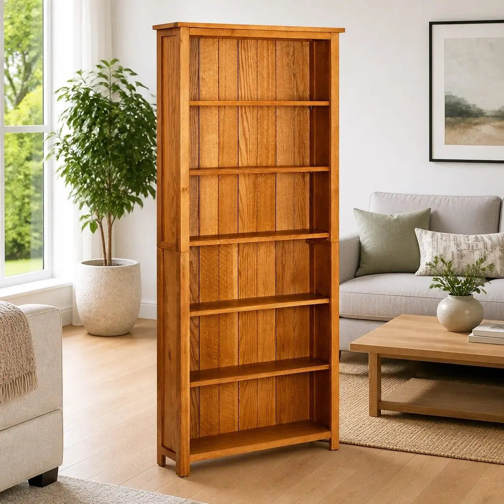 Bookcase Brown 6-Tier Solid Oak Wood Storage Display Unit