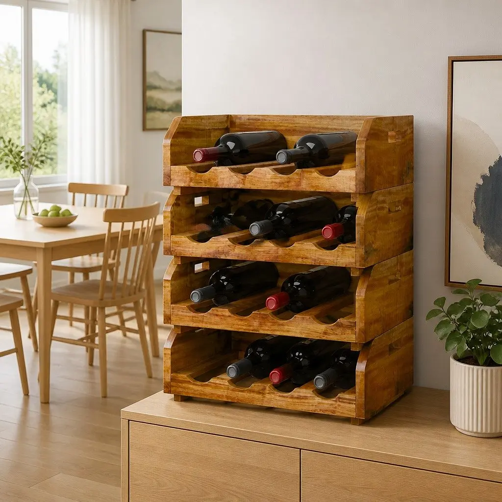 Wooden Wine Rack Set Brown 4 Piece Stackable Display for 16 Bottles