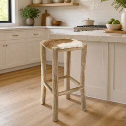 Bar Stool with Teak Frame and Leather Seat