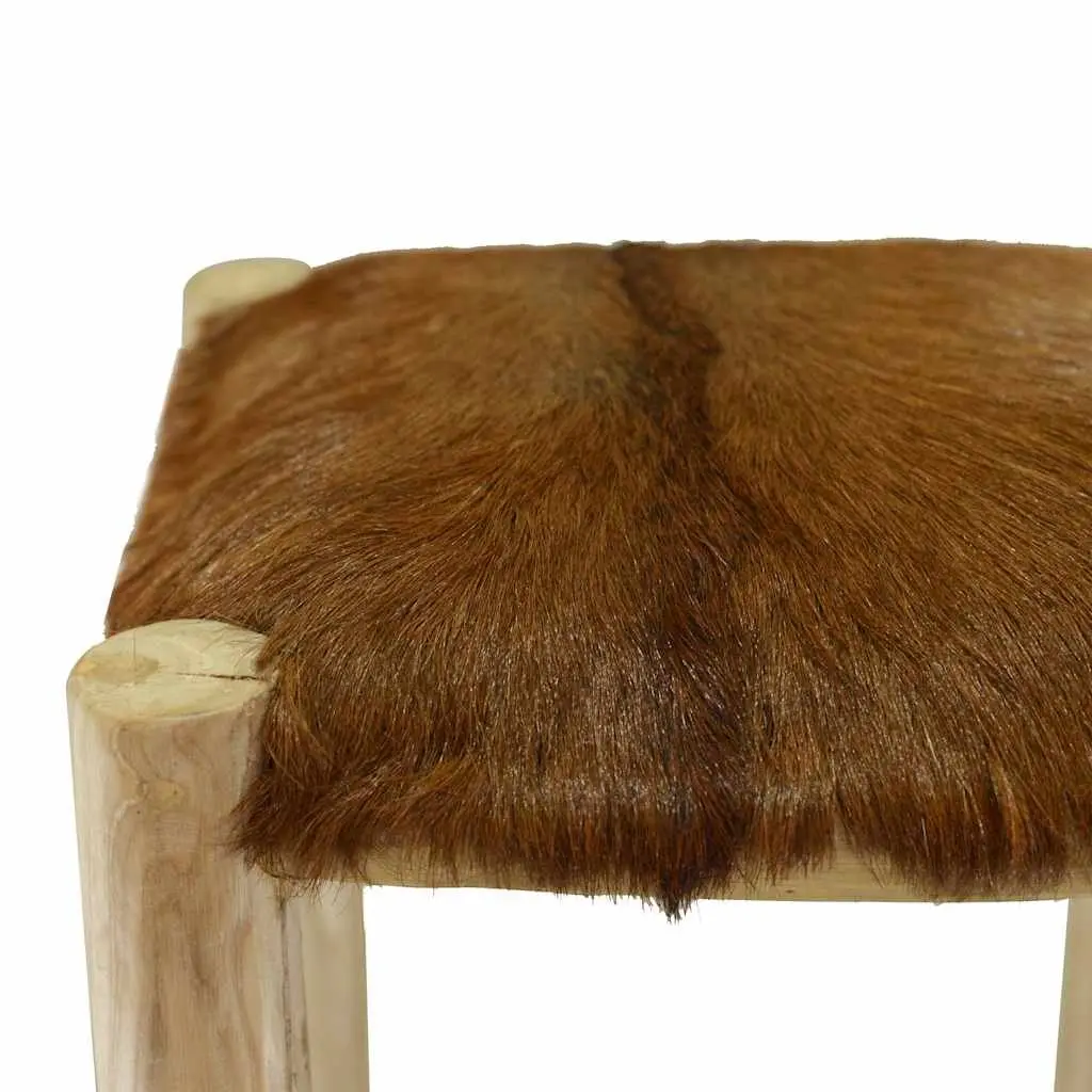 Bar Stool Goatskin Leather Seat Solid Teak Wood Frame Rustic Brown Dining