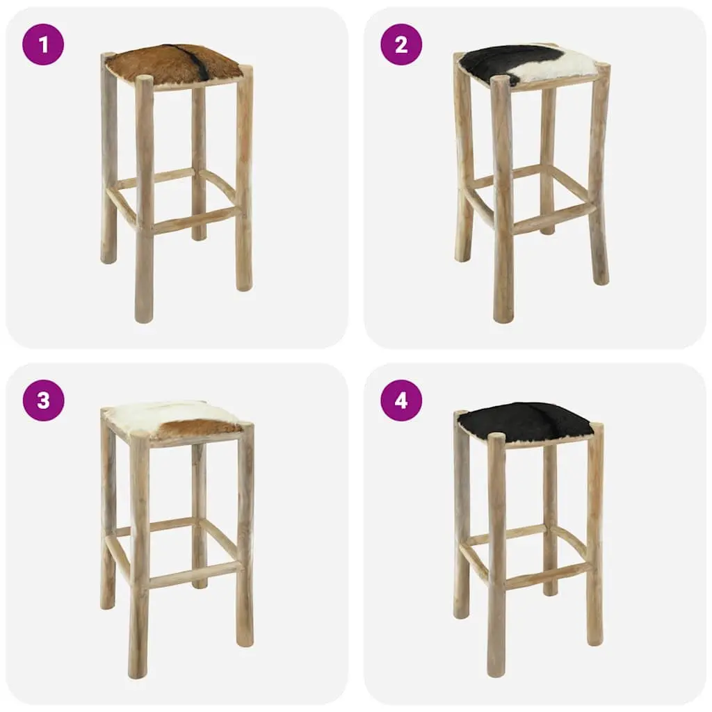 Bar Stool Goatskin Leather Seat Solid Teak Wood Frame Rustic Brown Dining