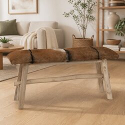 Stylish Goat Leather Bench with Solid Teak Frame