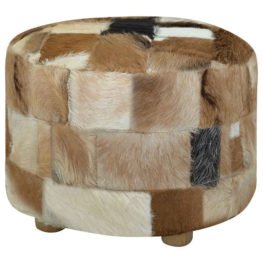 Round Pouffe Multicolour Goat Leather Footrest Ottoman Seat 50x50x45cm