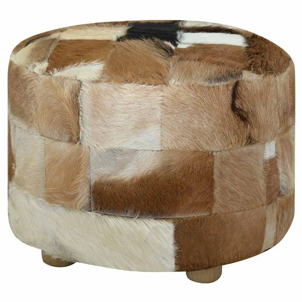 Round Pouffe Multicolour Goat Leather Footrest Ottoman Seat 50x50x45cm