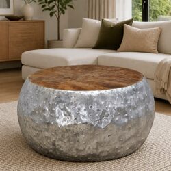 Round Coffee Table Teak Tabletop Aluminium Frame Side Accent 60x60x30cm