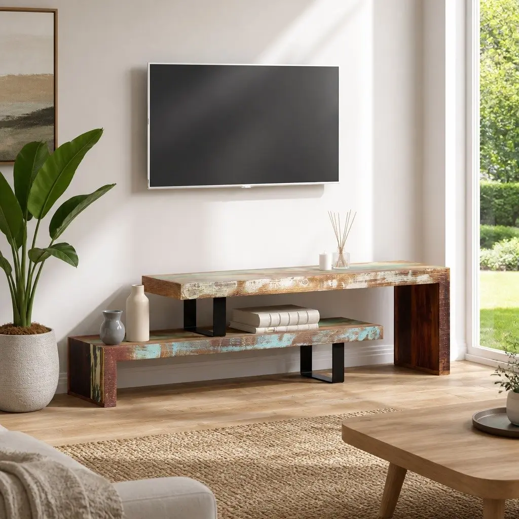 TV Stand Brown Solid Reclaimed Wood 2-Tier Stackable Storage Cabinet