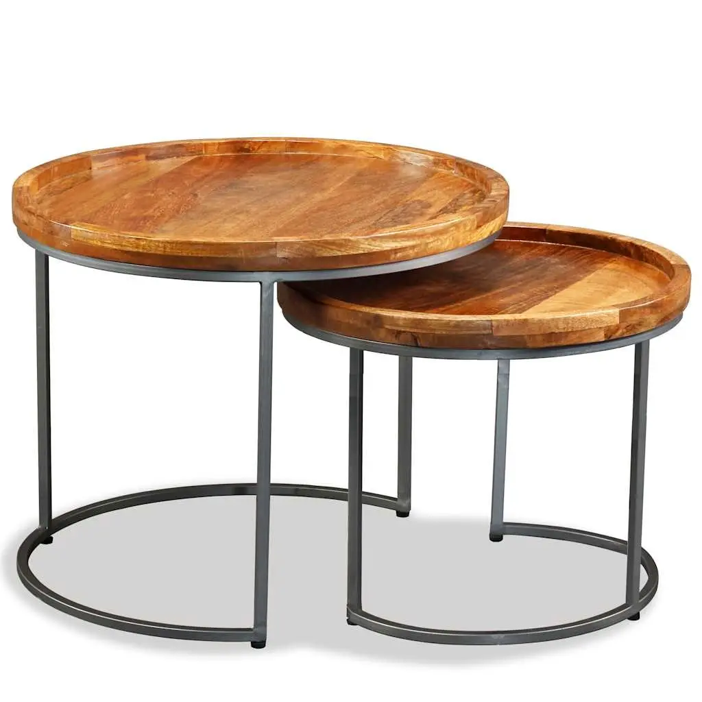 Side Table Set Brown 2 Pieces Solid Mango Wood Industrial Vintage Accent End Tables
