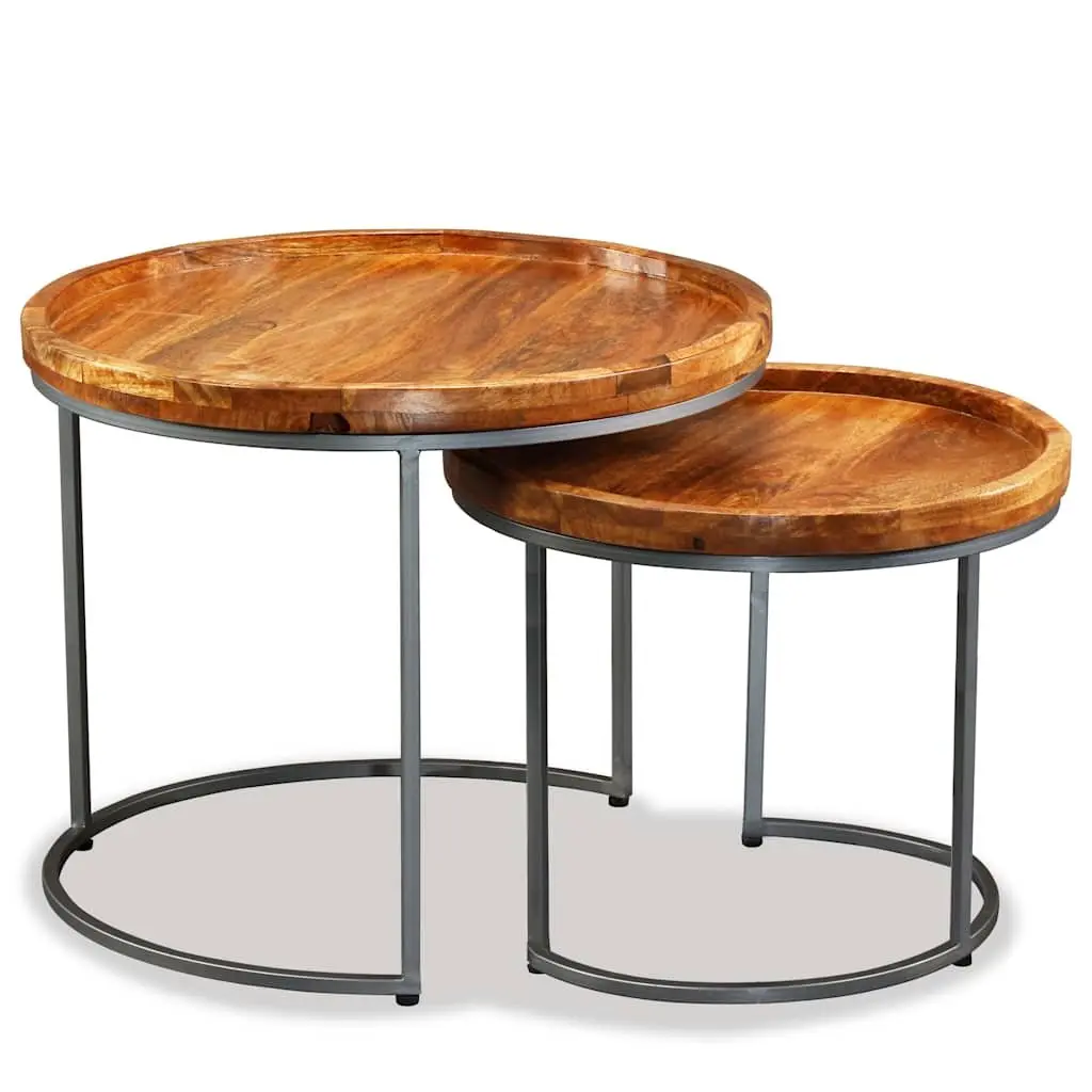 Side Table Set Brown 2 Pieces Solid Mango Wood Industrial Vintage Accent End Tables