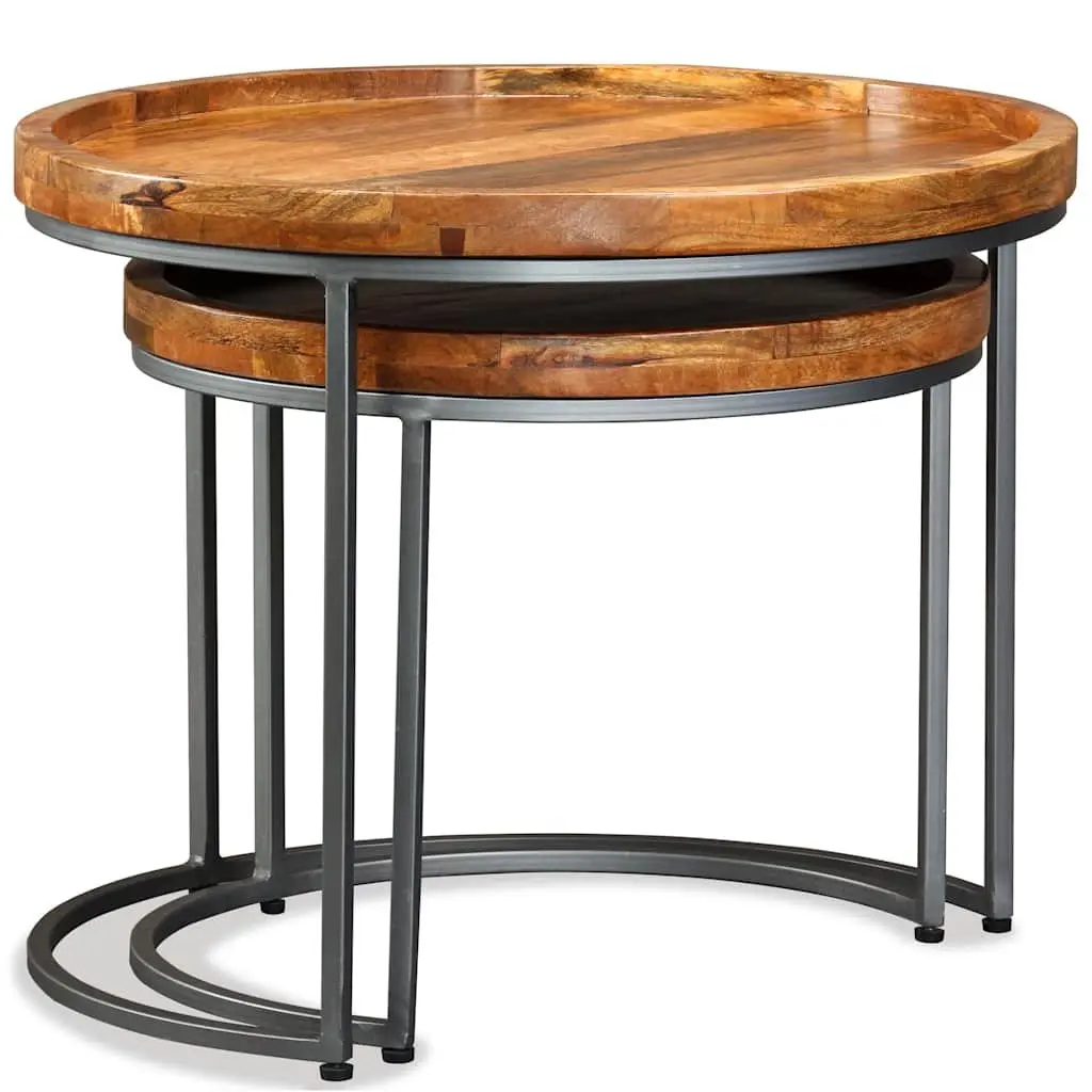 Side Table Set Brown 2 Pieces Solid Mango Wood Industrial Vintage Accent End Tables