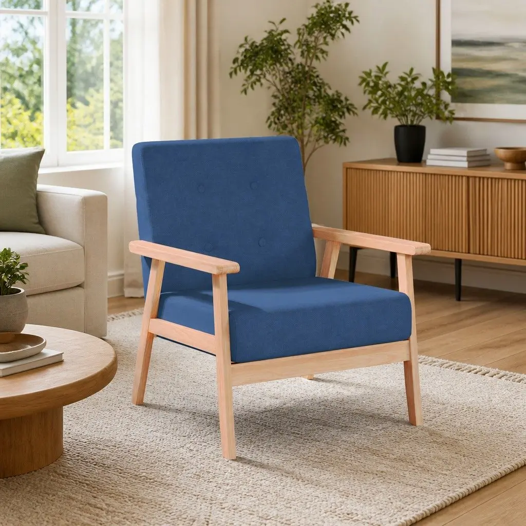 Armchair Blue Fabric Upholstered Lounge Chair Foam Padded Solid Wooden Frame