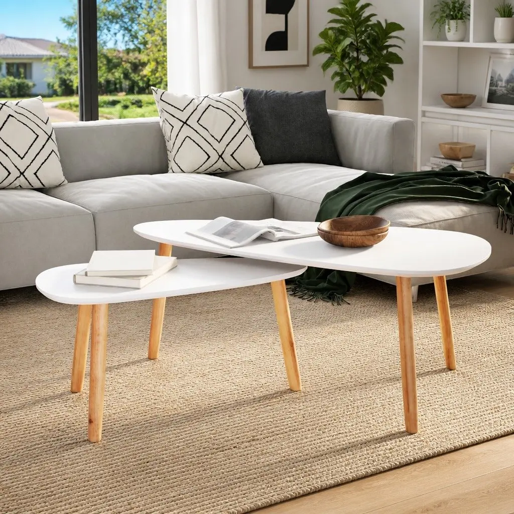 Coffee Table Set White 2 Pieces Scandinavian Style Accent Tables