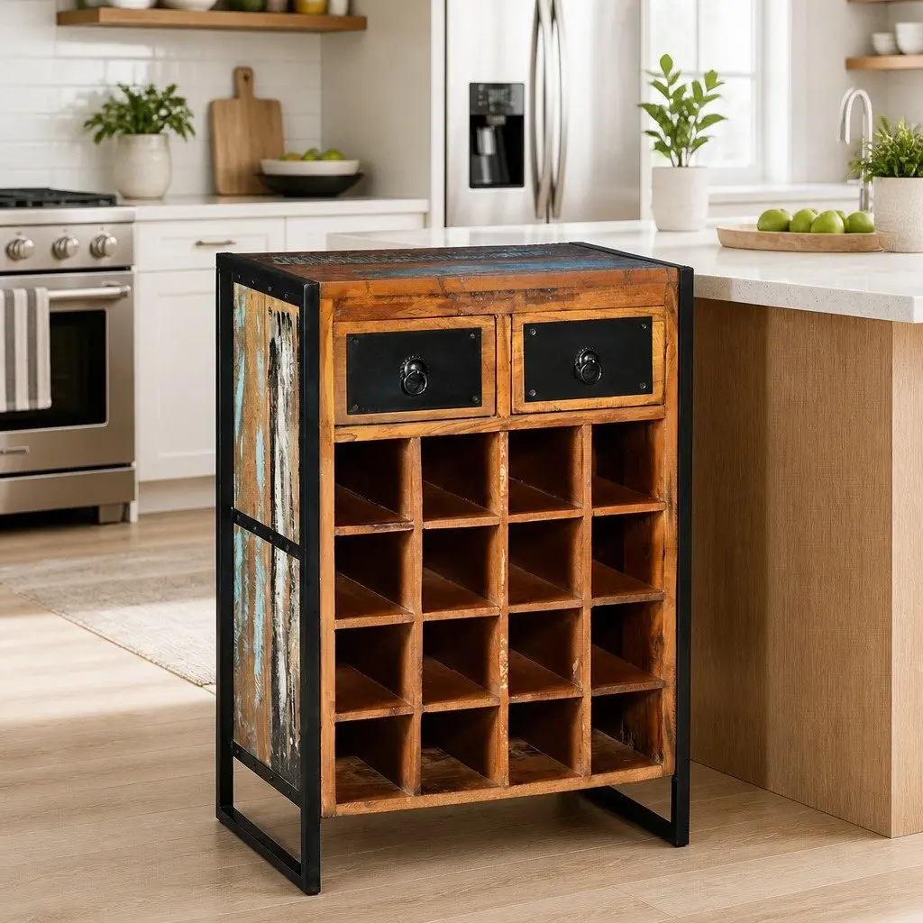 Wine Rack Brown 16 Bottle Industrial Style Reclaimed Wood with 2 Drawers