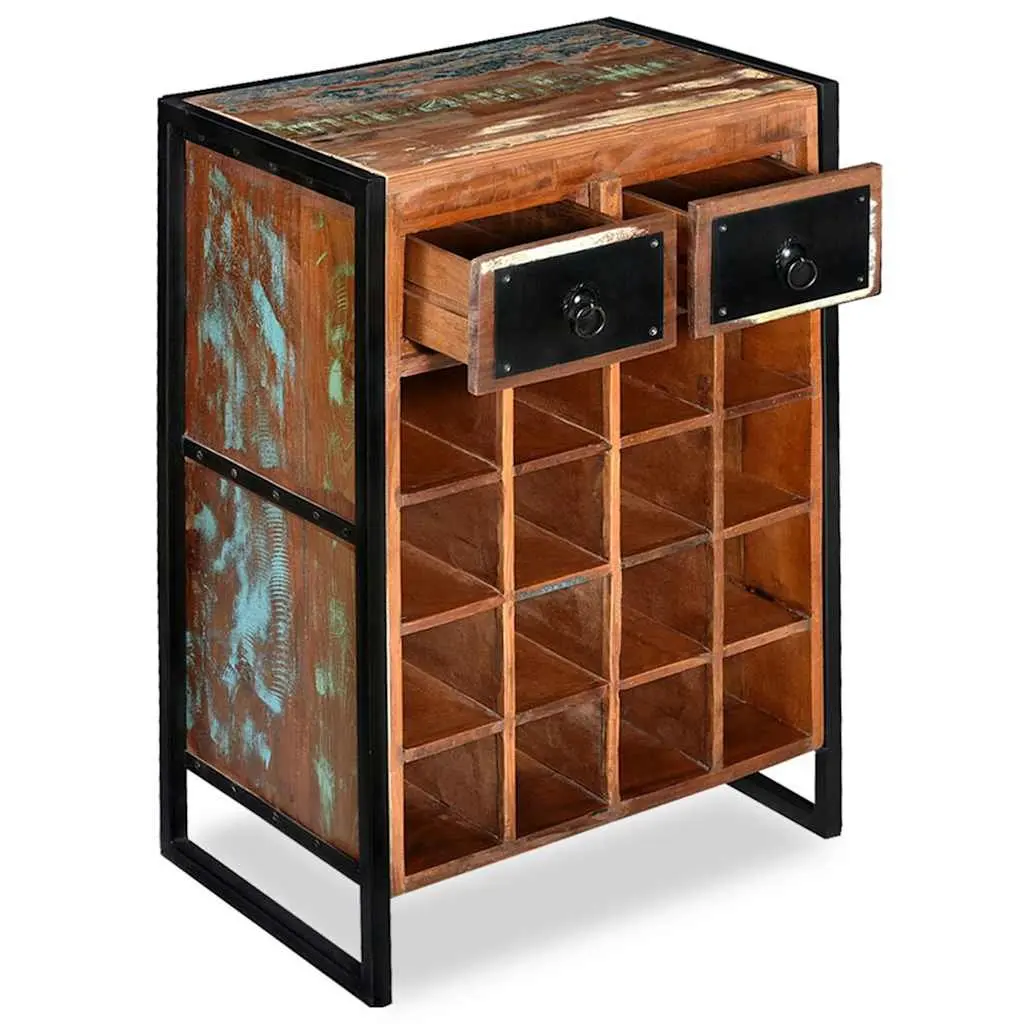 Wine Rack Brown 16 Bottle Industrial Style Reclaimed Wood with 2 Drawers