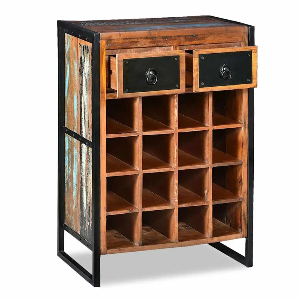 Wine Rack Brown 16 Bottle Industrial Style Reclaimed Wood with 2 Drawers