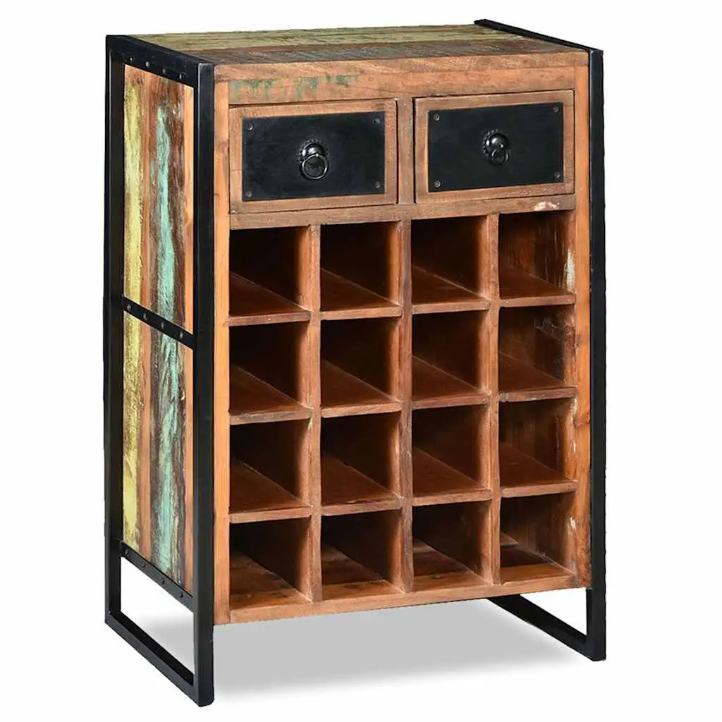 Wine Rack Brown 16 Bottle Industrial Style Reclaimed Wood with 2 Drawers