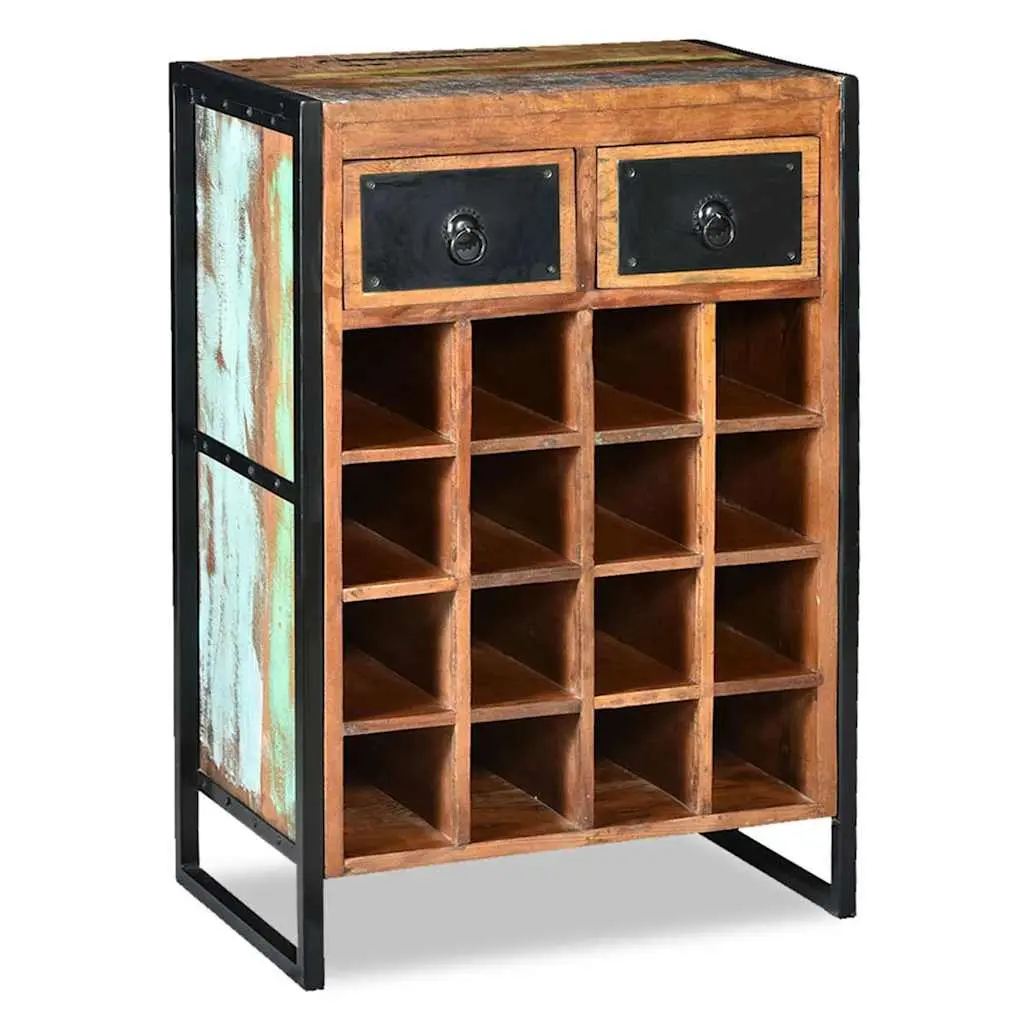 Wine Rack Brown 16 Bottle Industrial Style Reclaimed Wood with 2 Drawers