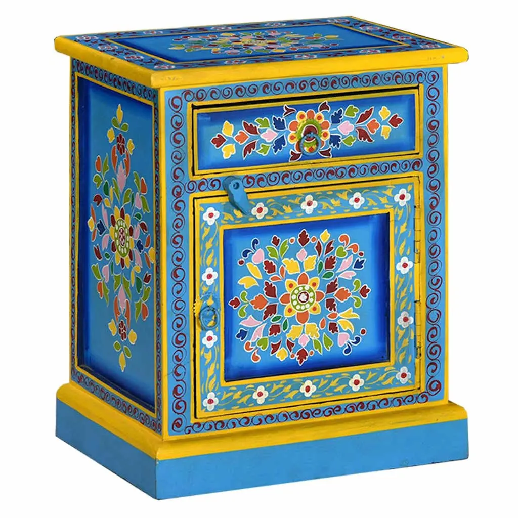 Bedside Cabinet Wooden Nightstand Hand Painted Turquoise Bedroom Storage Drawer