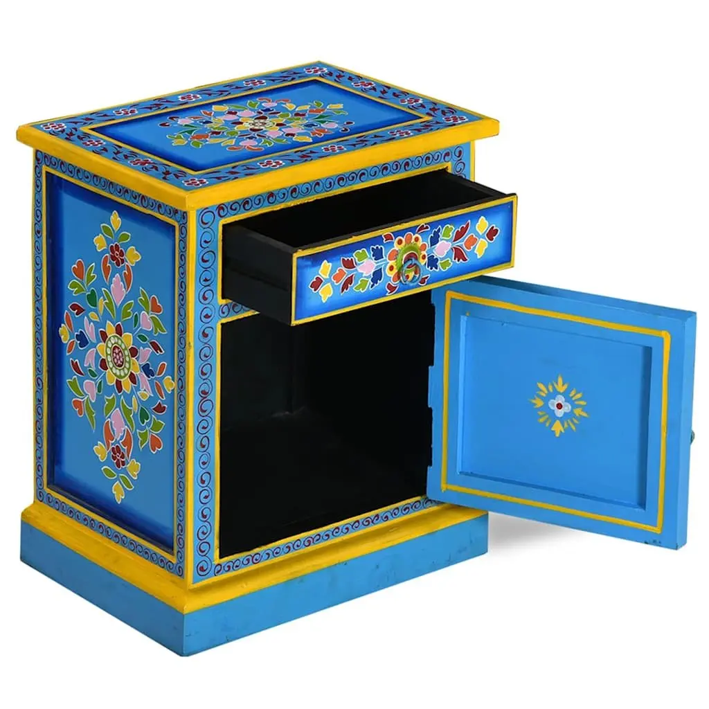 Bedside Cabinet Wooden Nightstand Hand Painted Turquoise Bedroom Storage Drawer