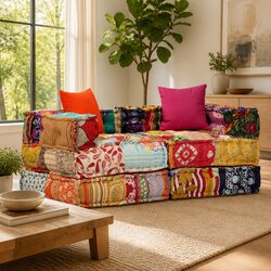 2-Seater Modular Pouffe Patchwork Fabric Multicolour Convertible Sofa Bed Lounge
