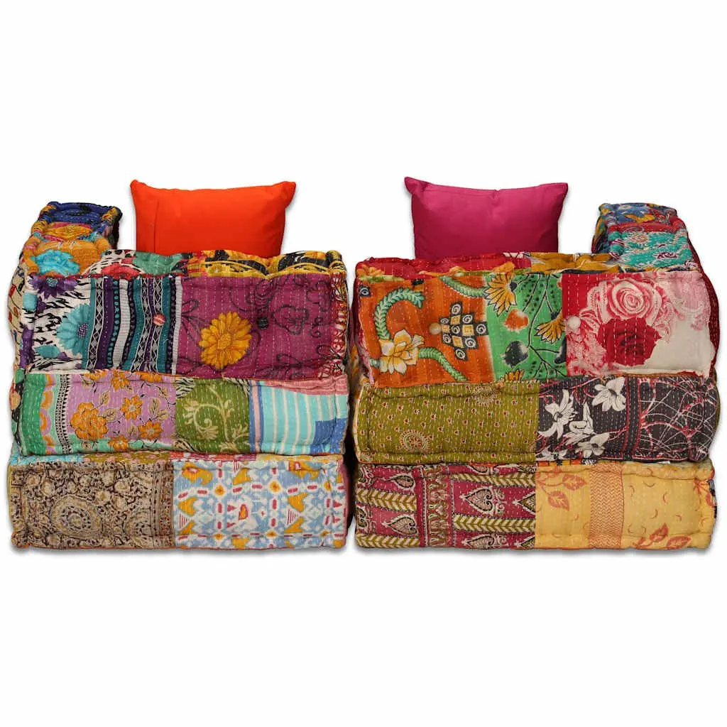 2-Seater Modular Pouffe Patchwork Fabric Sofa Bed Convertible Corner Couch