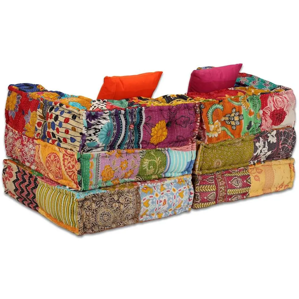 2-Seater Modular Pouffe Patchwork Fabric Sofa Bed Convertible Corner Couch