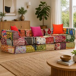 3-Seater Modular Pouffe Patchwork Multicolour Sofa Bed Convertible Lounge