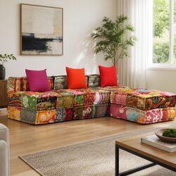 Compact 3-Seater Modular Pouffe with Patchwork Style