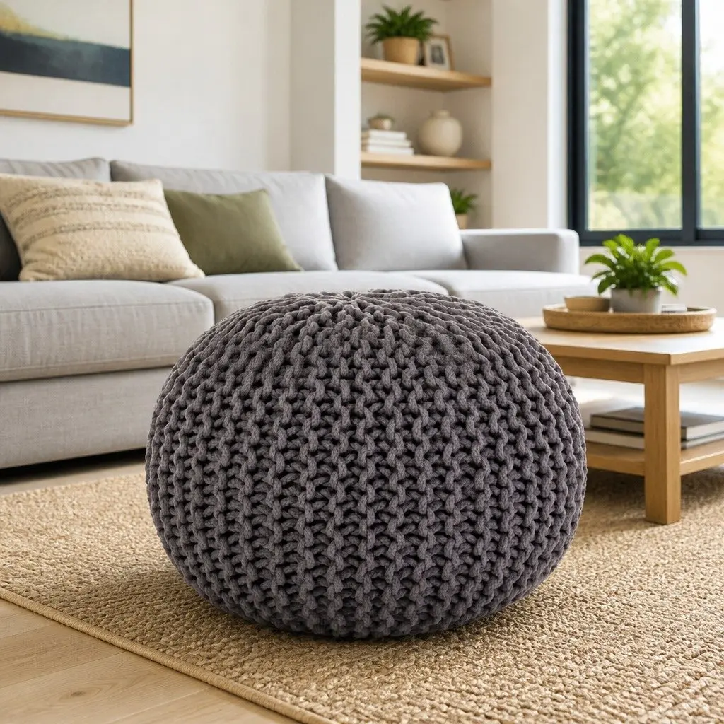 Hand-Knitted Pouffe Grey 50x35cm Cotton Decorative Footstool