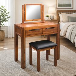 Dressing Table with Mirror and Stool Solid Acacia Wood Bedroom Vanity Unit