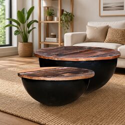 Coffee Table Set 2 Pieces Solid Reclaimed Wood Bowl Shape Black Industrial