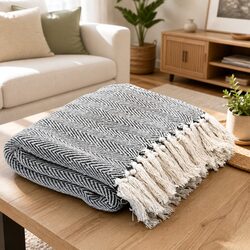 Navy Blue Herringbone Cotton Throw Blanket for Your Home