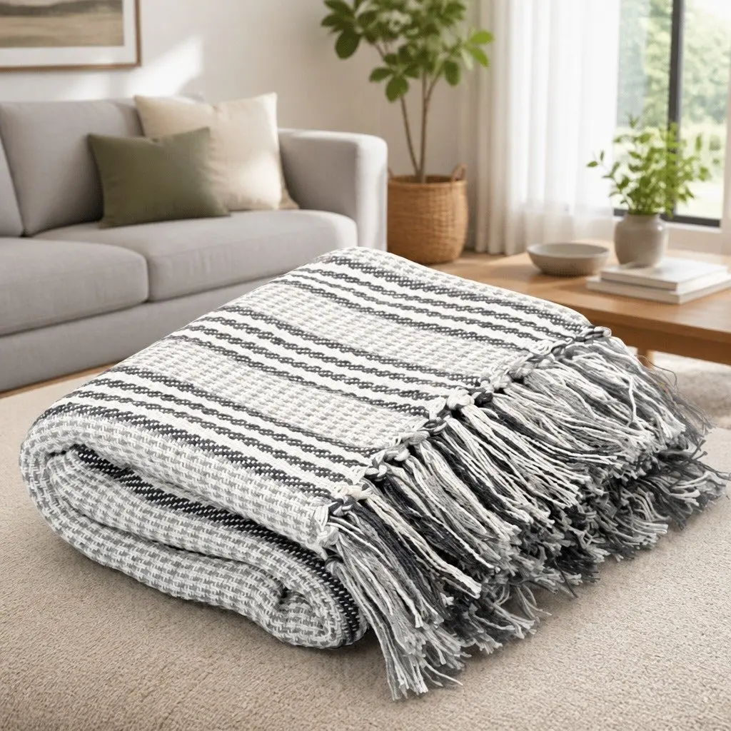 Cotton Throw Blanket 125x150 cm Grey White Stripes Tassels Soft Plaid