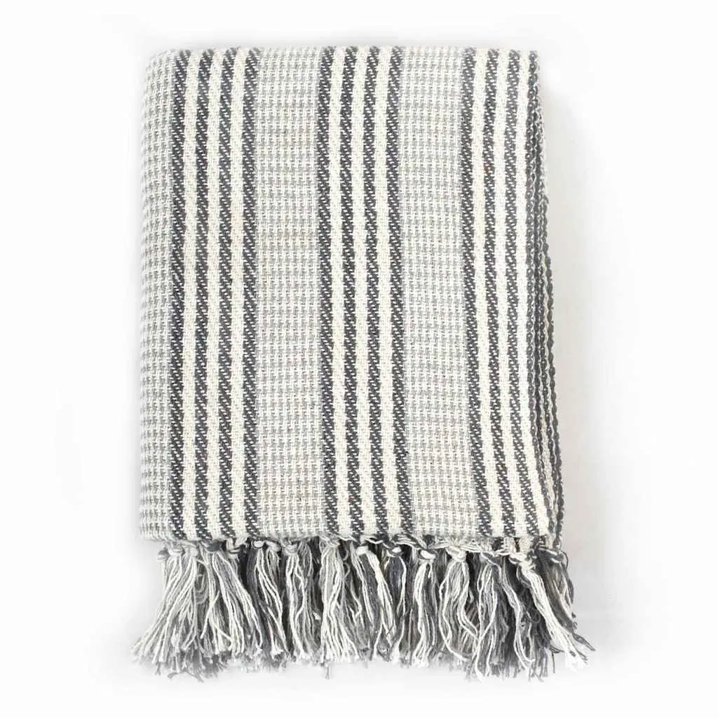 Cotton Throw Blanket 125x150 cm Grey White Stripes Tassels Soft Plaid
