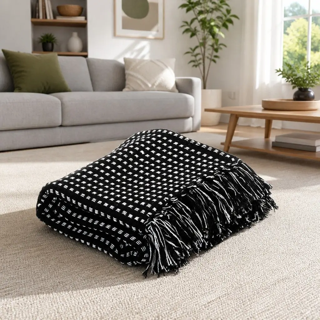 Black Plaid Throw Blanket, Cotton 160x210 cm