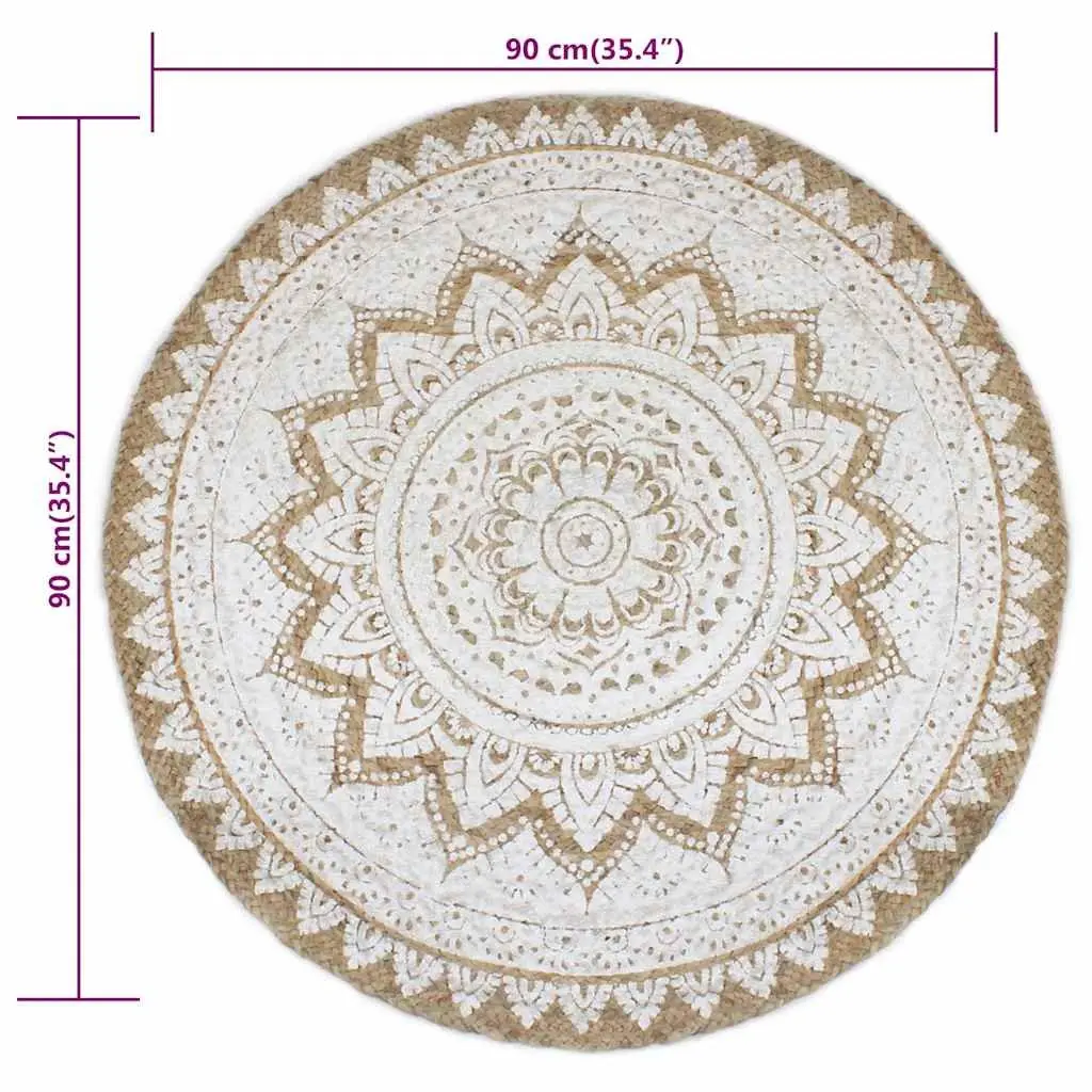 Round Area Rug Beige 90cm Handwoven Braided Jute Mandala Print