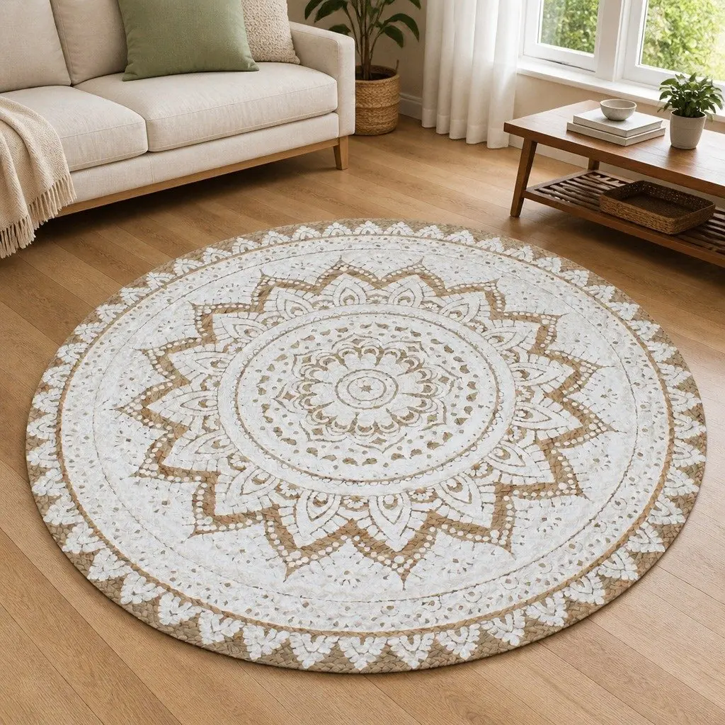 Round Area Rug Beige 120cm Handwoven Braided Mandala Print