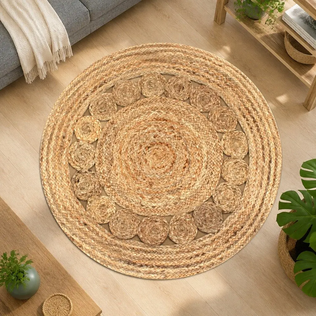 Round Area Rug Braided Jute Natural Texture Home Decor 90cm Handwoven Carpet