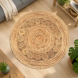 Round Area Rug Braided Jute Natural Texture Home Decor 90cm Handwoven Carpet