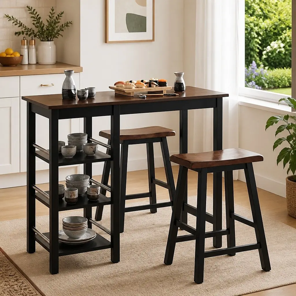 Bar Set Black 3 Pieces Table and Stools Kitchen Dining Furniture