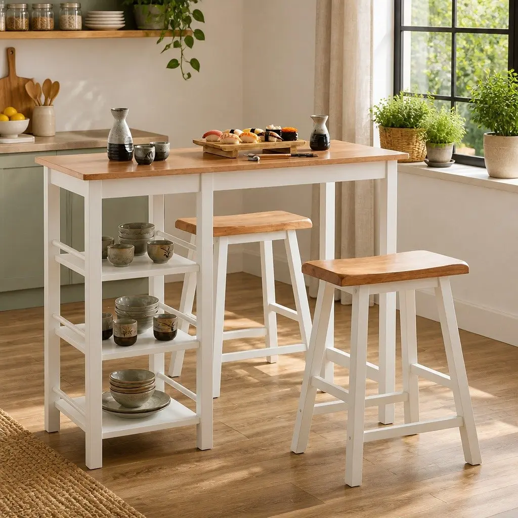 Bar Set White 3 Pieces Table Stools with Storage Shelves