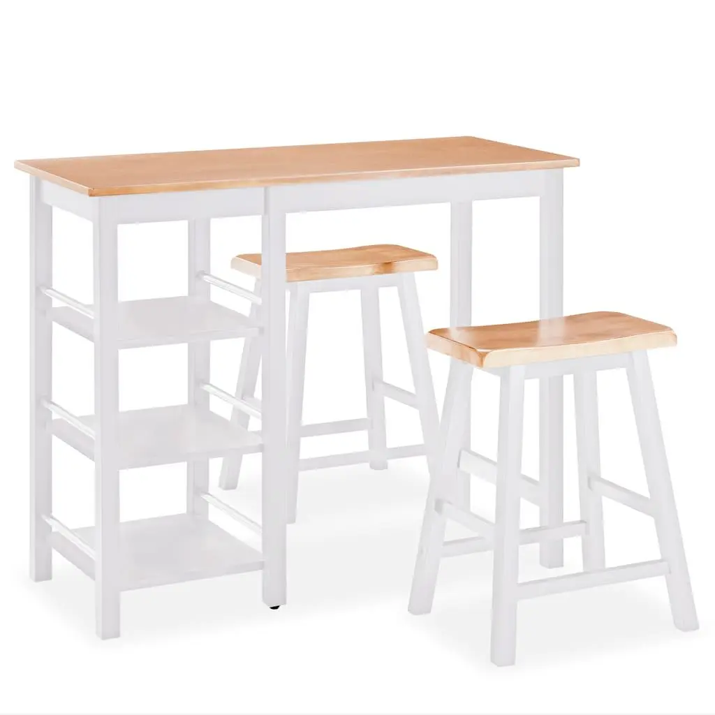 Bar Set White 3 Pieces Table Stools with Storage Shelves