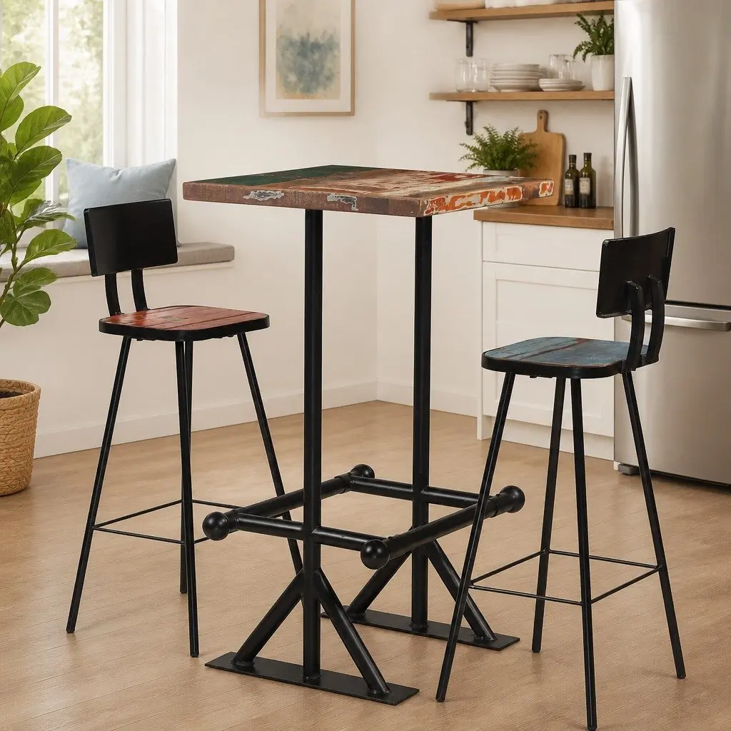 Bar Set 3 Piece Reclaimed Wood Table Chairs Industrial Retro Kitchen Dining