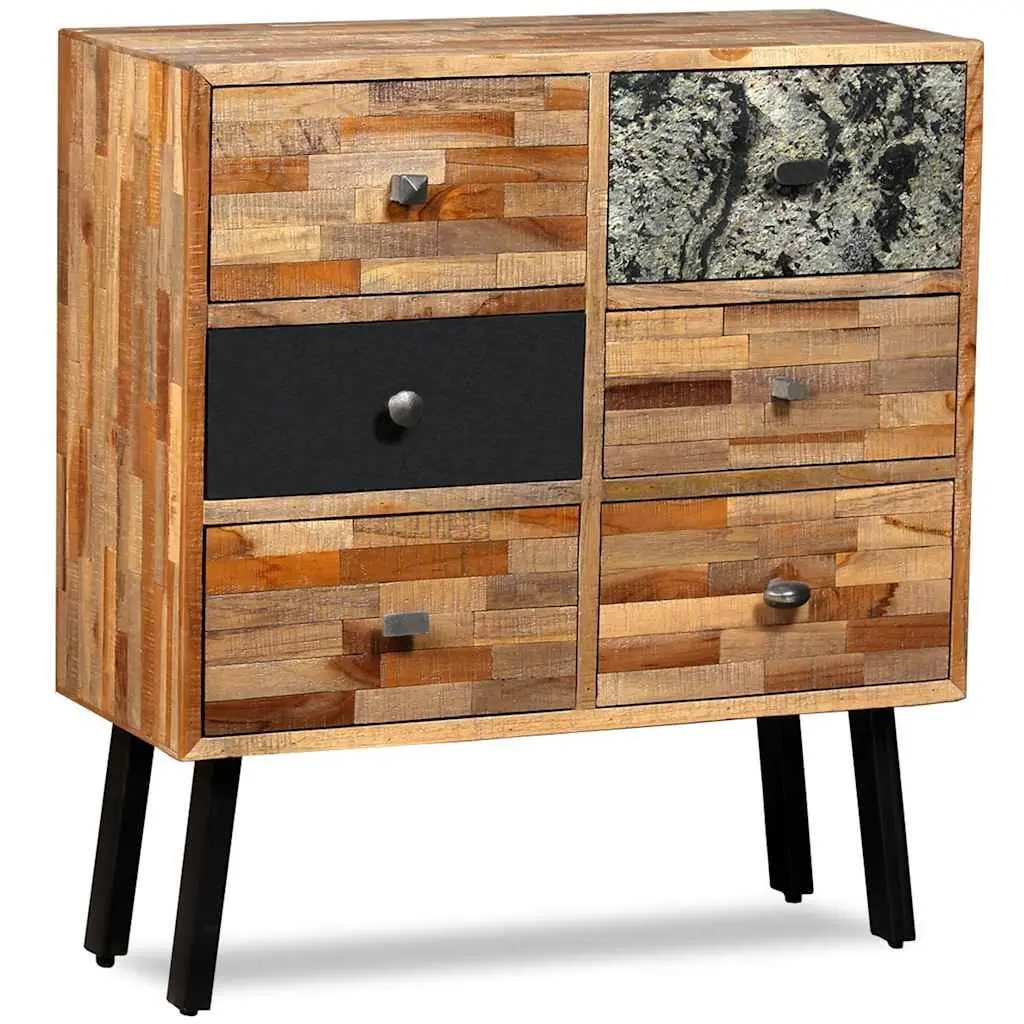 Side Cabinet Brown 6 Drawers Solid Reclaimed Teak Vintage Style Storage