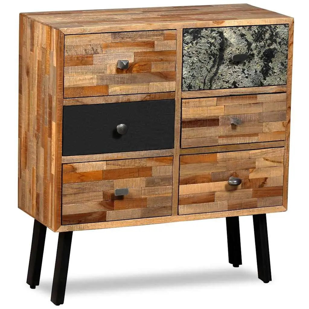 Side Cabinet Brown 6 Drawers Solid Reclaimed Teak Vintage Style Storage