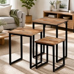 3 Piece Nesting Coffee Table Set Reclaimed Teak Industrial Style Brown Accent